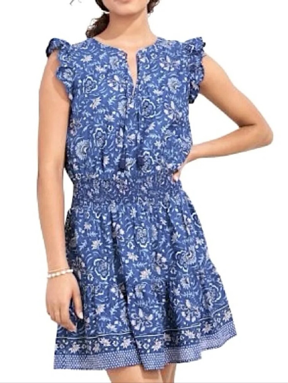 Vineyard Vines 100% Cotton Blue Floral Ruffle Sleeve Mini Dress In Ocean Reef